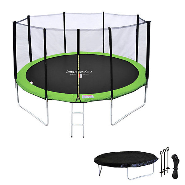 Pack Premium Trampoline 370cm réversible bleu / vert PERTH   filet, échelle, bâche et kit d'ancrage - HAPPY GARDEN