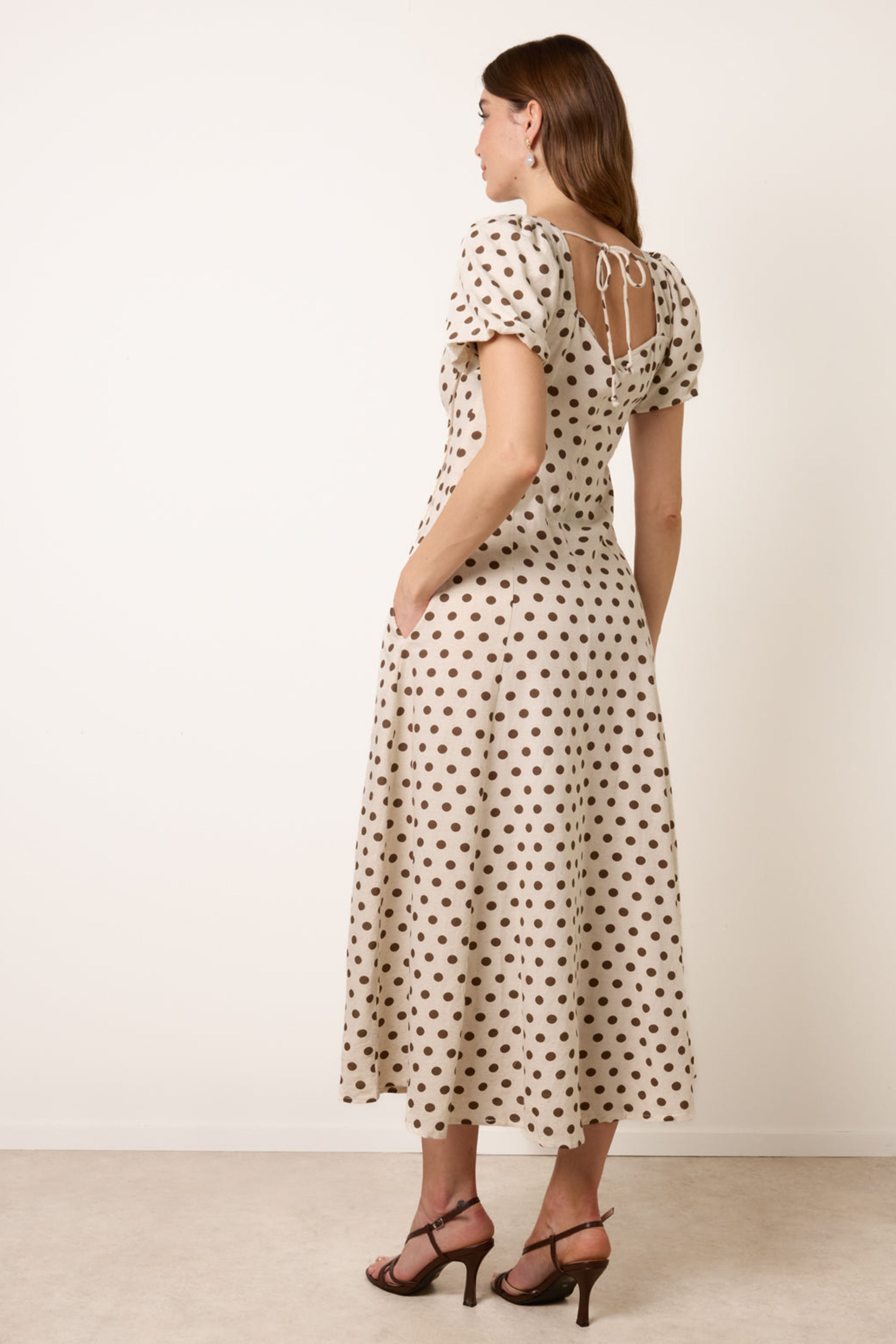 Blue Vanilla Off White Milkmaid Polka Dot Puff Sleeve Dress