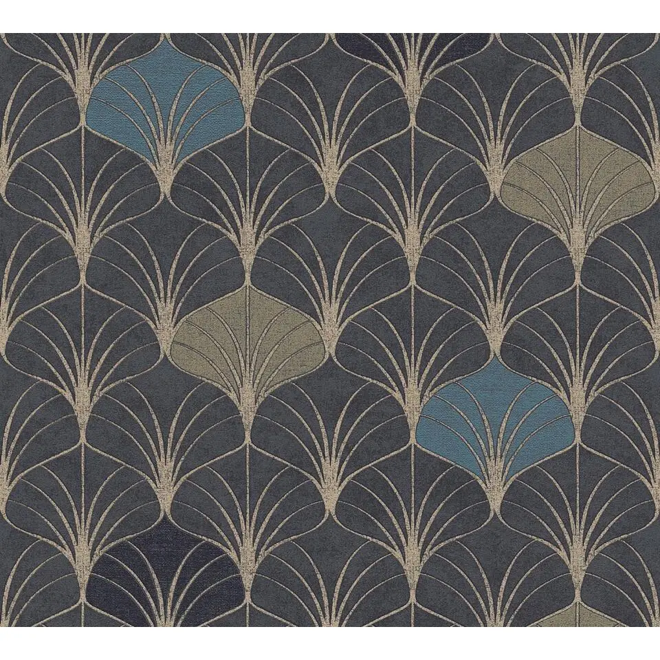 Livingwalls behang retro ornamenten goud, zwart en blauw - 53 cm x 10.05 m