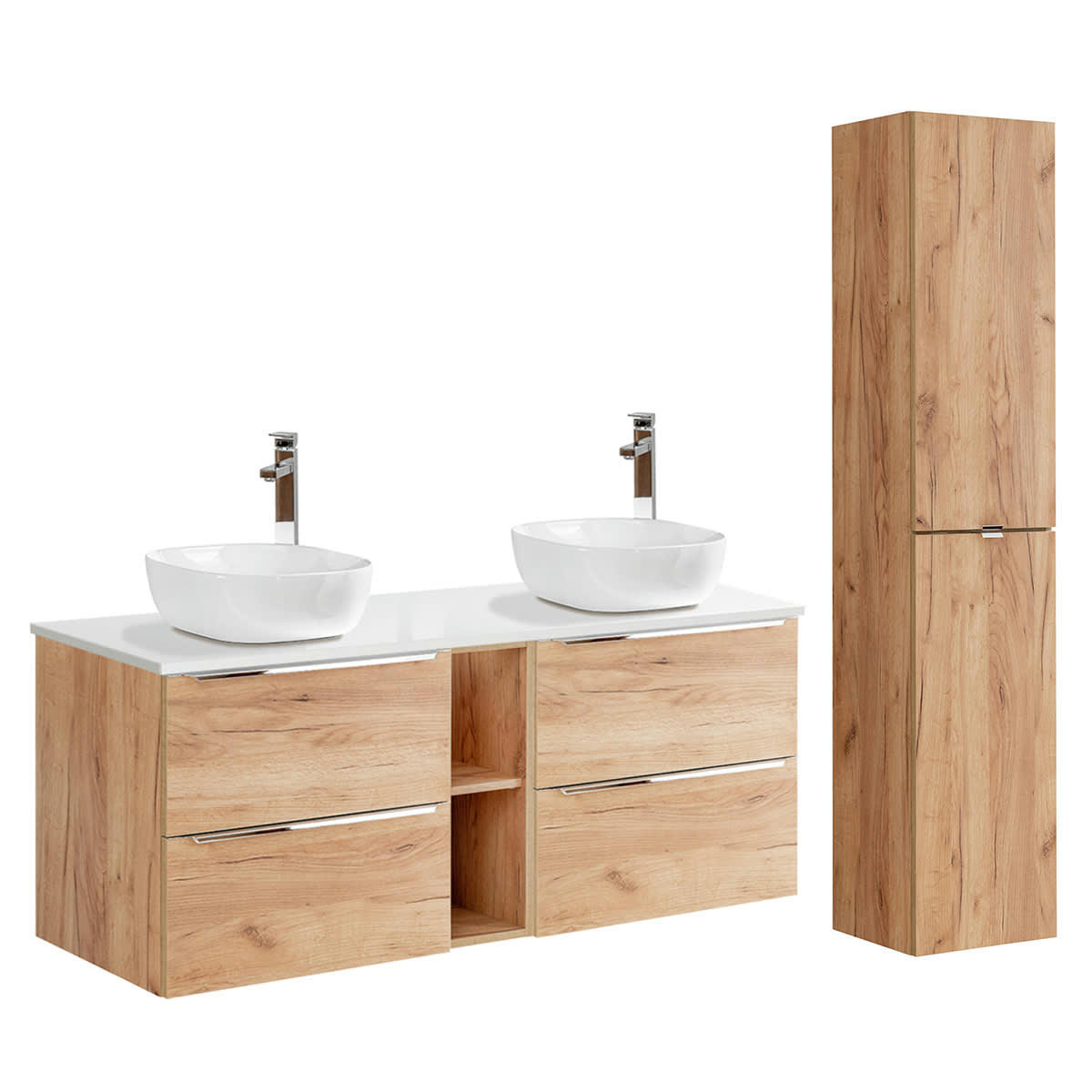 - Ensemble meuble double vasque 140cm et colonne stratifiés naturel