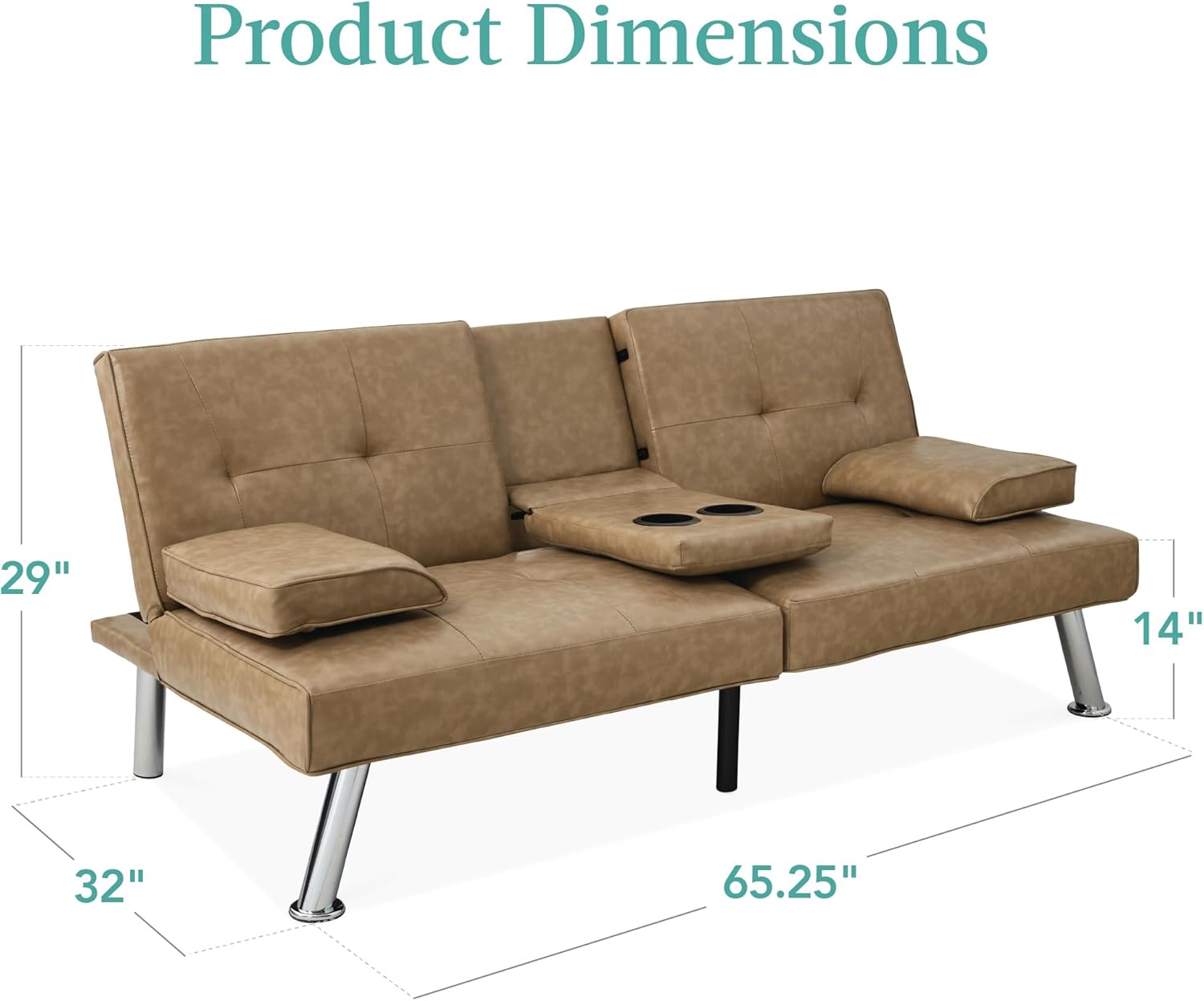 Best Choice Products Faux Leather Upholstered Modern Convertible Futon, Adjustable Folding Sofa Bed, Guest Bed w/Removable Armrests - Taupe