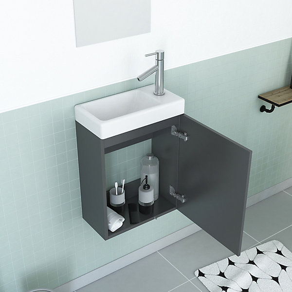 Ensemble Meuble Lave Mains Gris 41x50x22cm   Miroir - SMALLY GREY