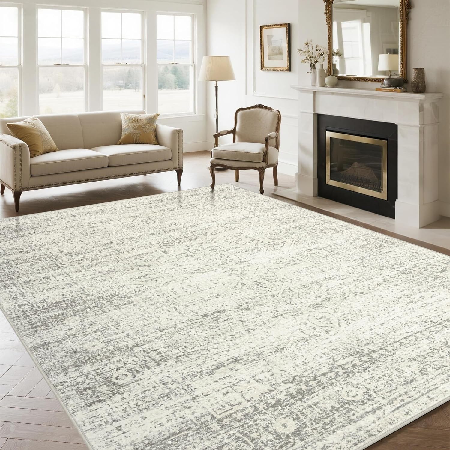 Srugn Washable Rugs 9x12 Area Rugs for Living Room,Bedroom,Dining Room- Large Ultra Soft Faux Wool Retro Carpets,Non Slip&Non-Shedding Low Pile Vintage Print Rug for Home Office Decor- Beige