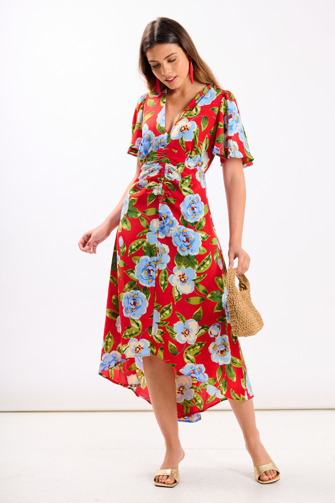 Needs No Label Red Oversize Floral Ruche Midi Dress