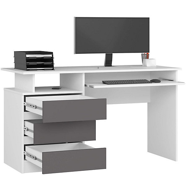 Bureau d'ordinateur AKORD CLP Blanc 135 cm 3 tiroirs façade Gris Graphite 2 étagères 135x60x77 cm