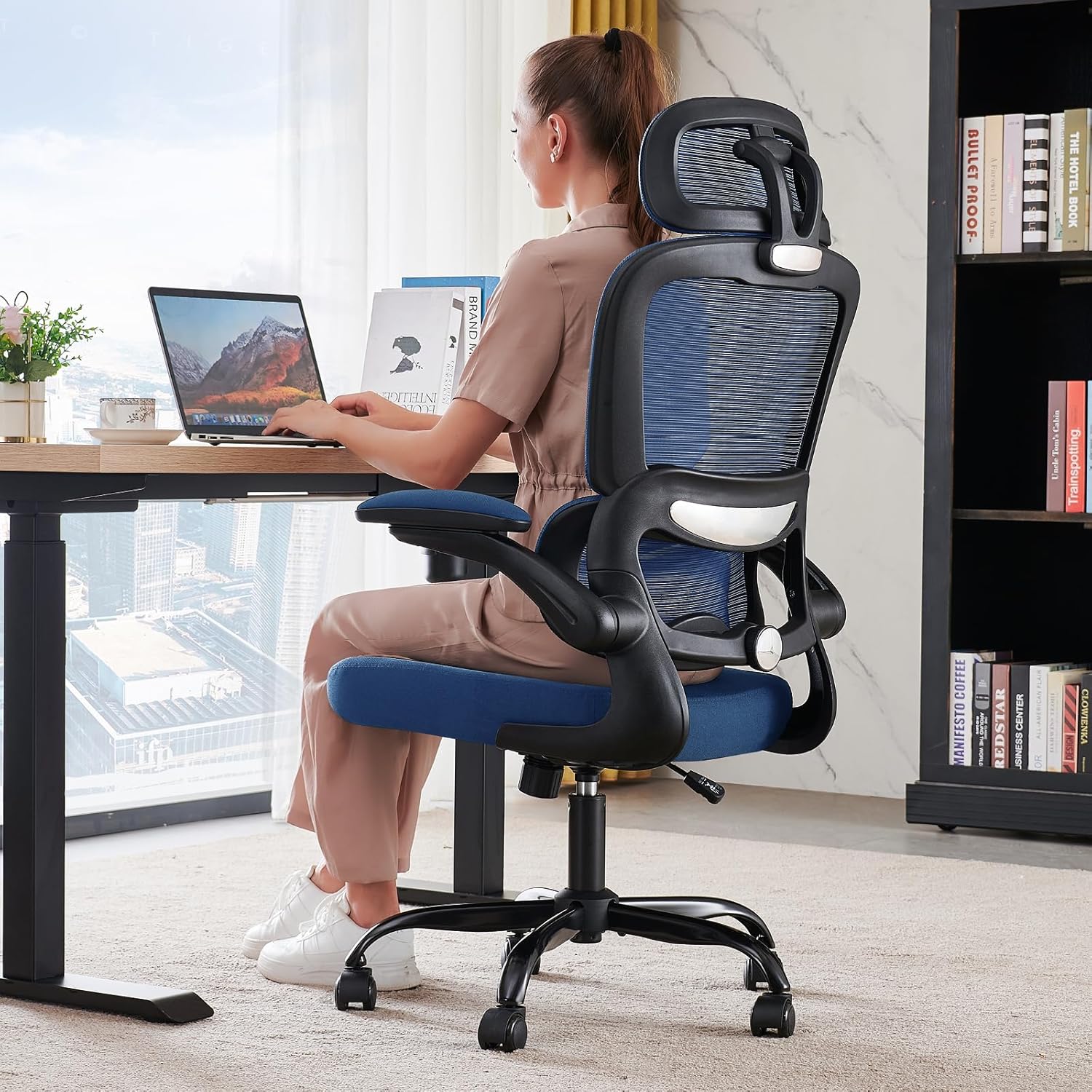 TRALT Office Chair Ergonomic Desk Chair, 330 LBS Home Mesh Office Desk Chairs with Wheels, Comfortable Gaming Chairs (Dark Blue)