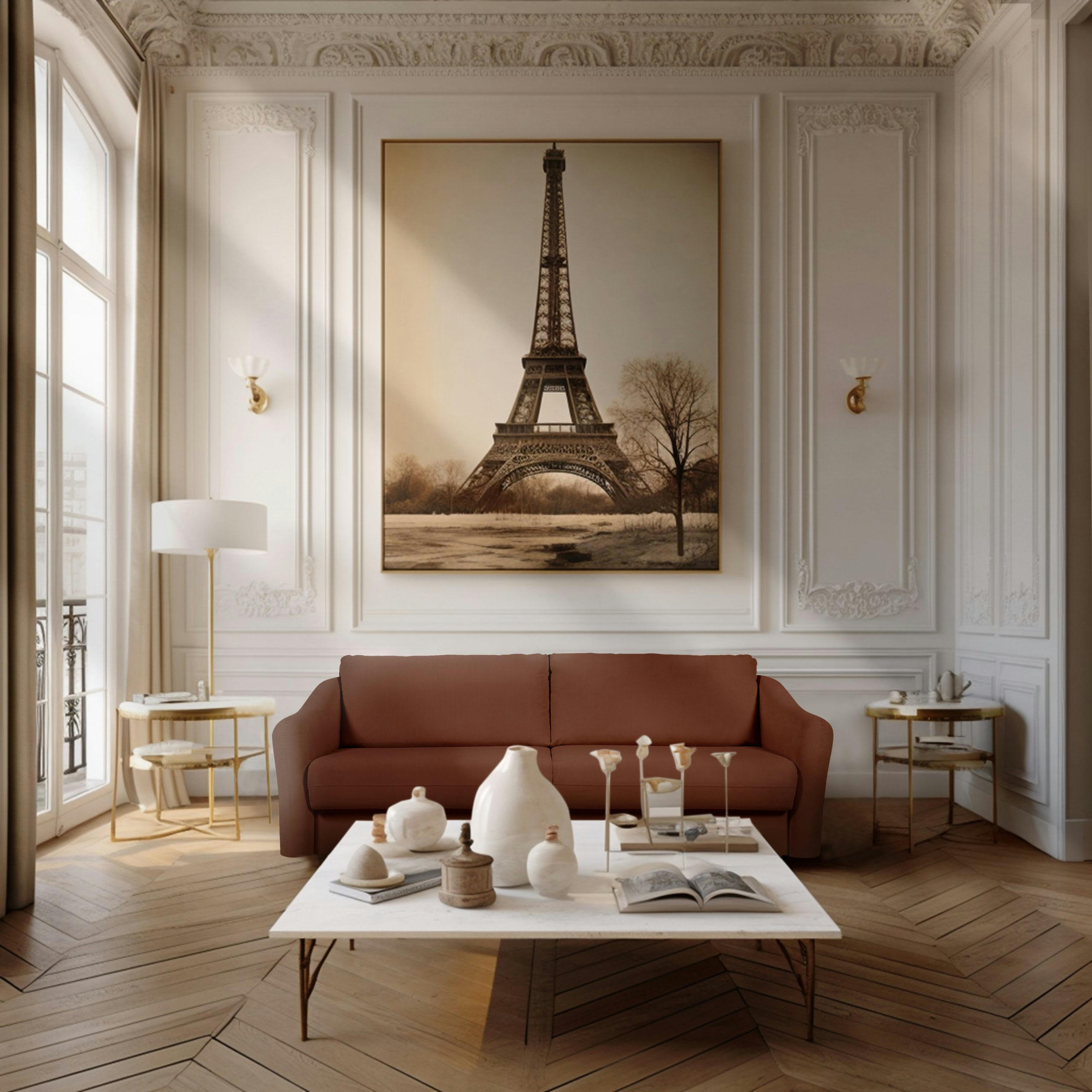 CHARDONNAY - Canapé droit convertible Rapido® 3 places en velours côtelé terracotta