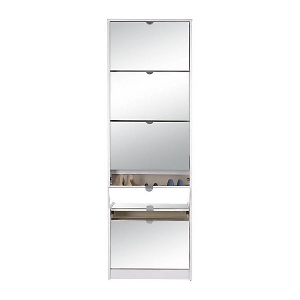 Meuble a chaussures - KOBLENZ - Blanc - 58 x 177 x 17 cm - 5 abattants - Facade miroir