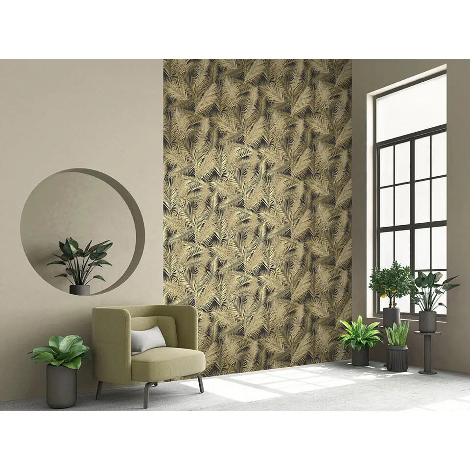 Dutch Wallcoverings - Eden palm zwart/metallic/goud - 0,53x10,05m