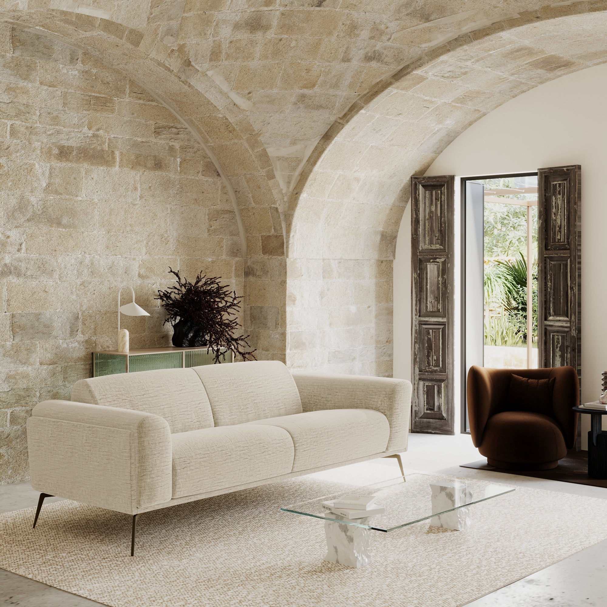 Rechte bank SWANN 3 personen Fluweel met structuur Crème