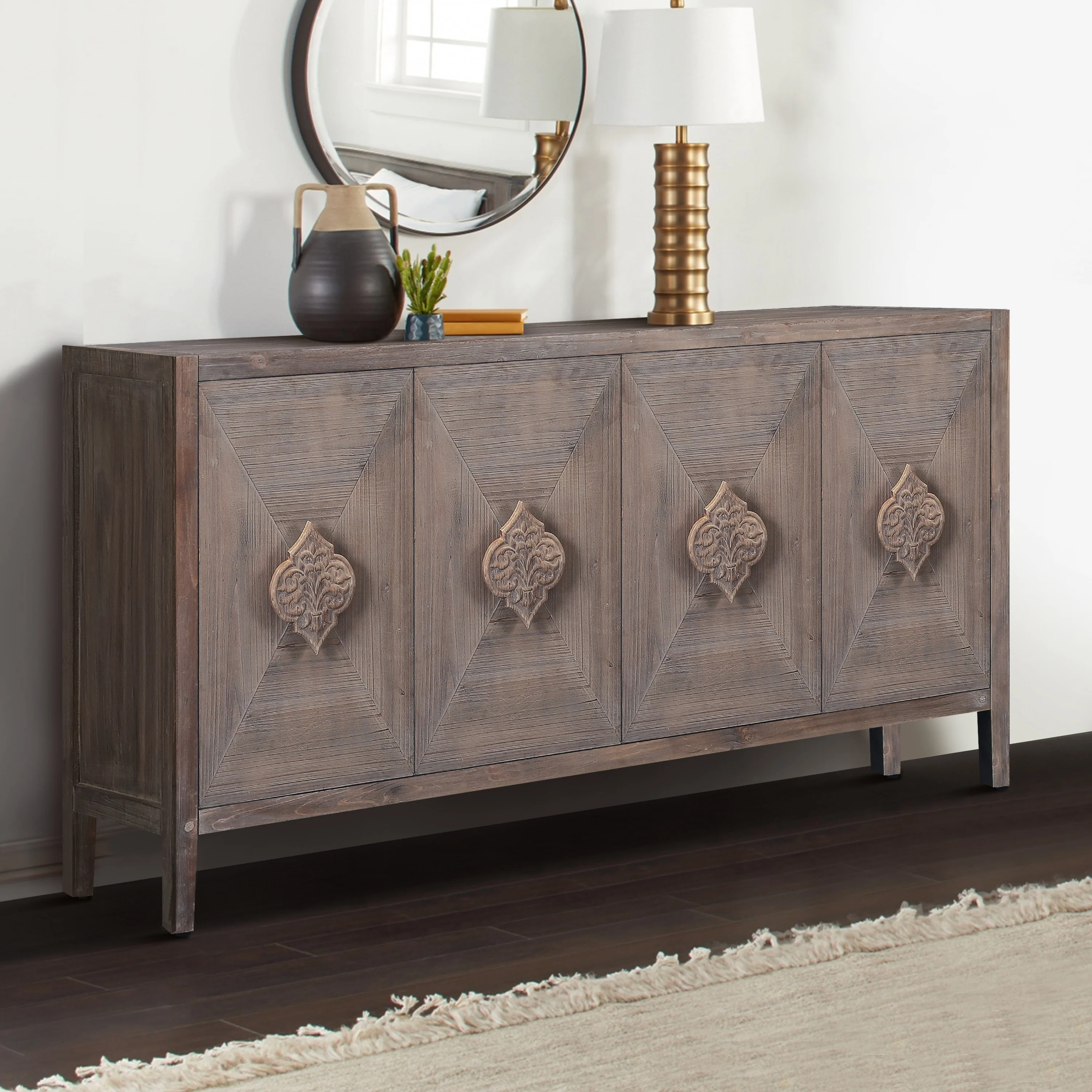 Antique Carved Flower Door Handle - Elegant Four-Door Cabinet for Living Room, Kitchen, and Hallway Decor