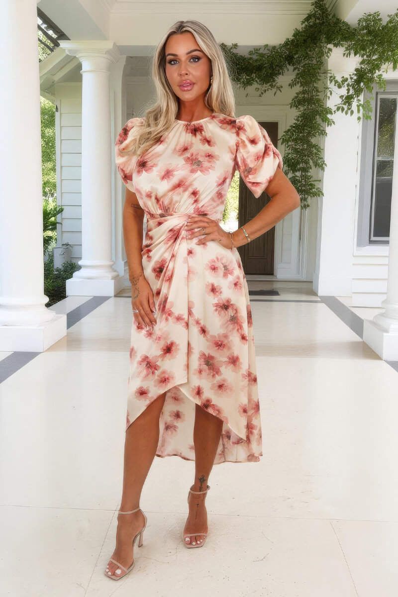 AX Paris Blush Floral Print Puff Sleeve Gathered Side Midi Dress