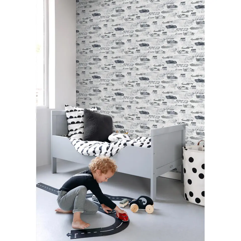 Sanders & Sanders behang race auto's zwart wit - 50 x 900 cm