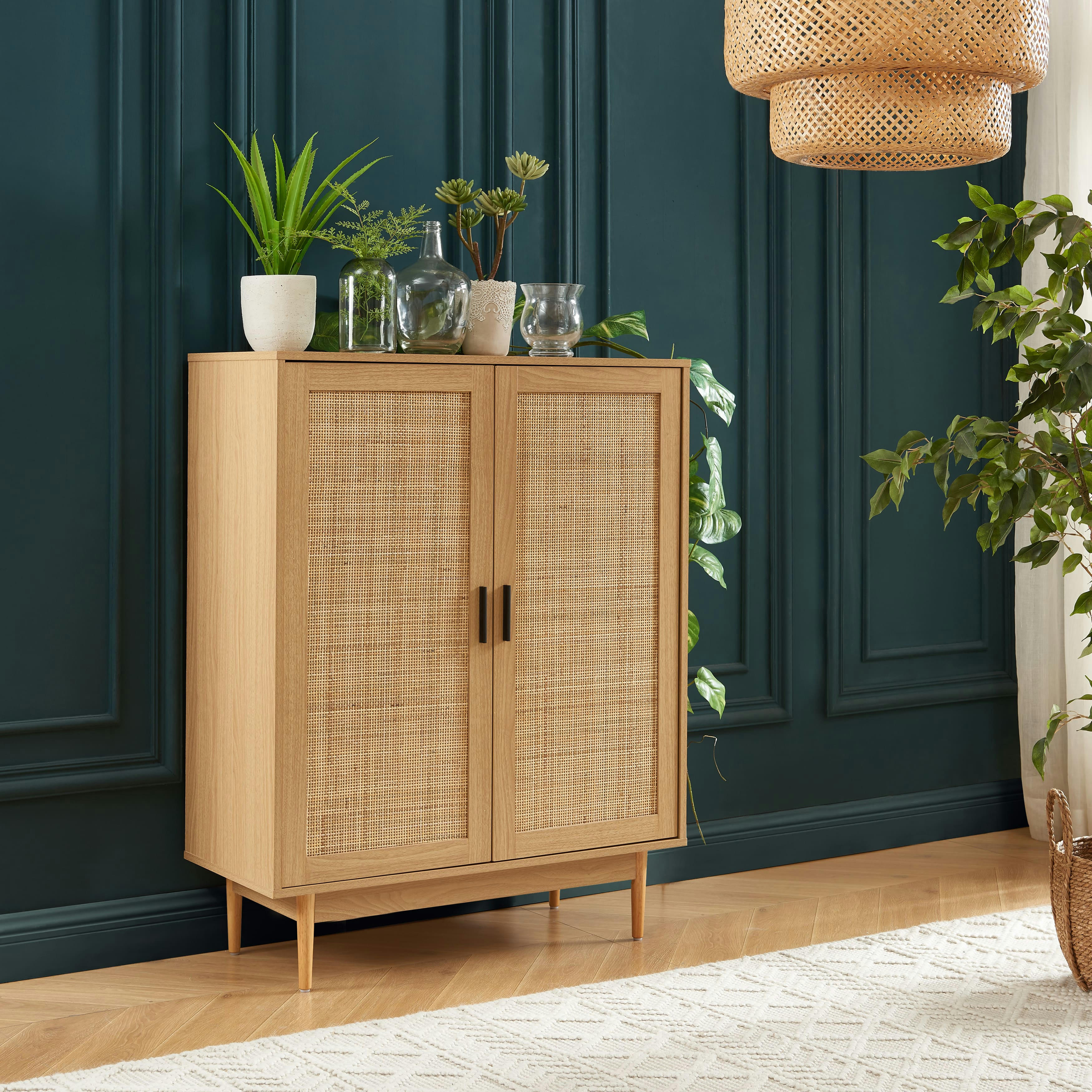 AMANA - Buffet haut  effet chêne et cannage rotin 2 portes