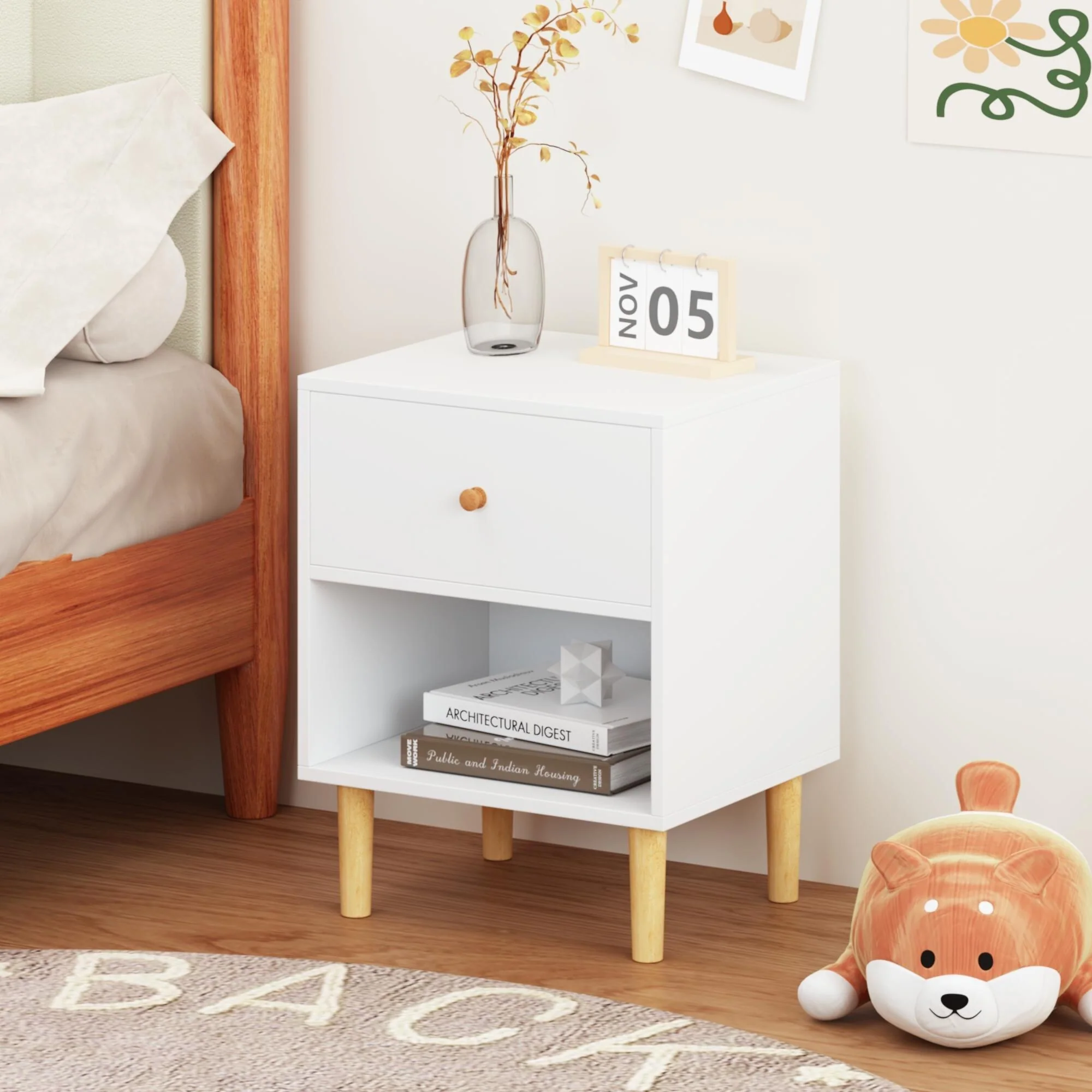 Wooden Nightstand With One Drawer One Shelf