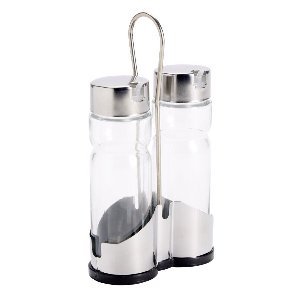 Huilier et vinaigrier en verre avec support métallique 11,5x5,5xH19,5cm