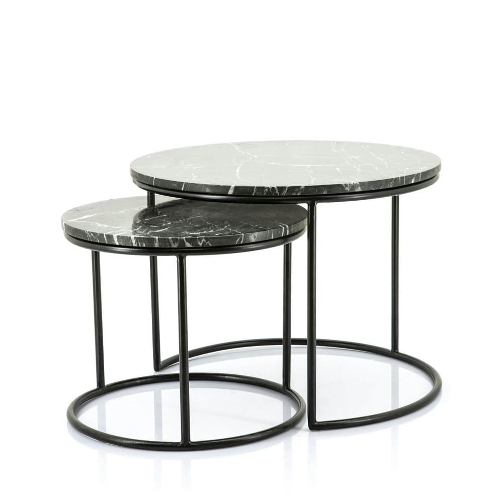 ROMEO - Lot de 2 tables basses gigognes en marbre et métal noir