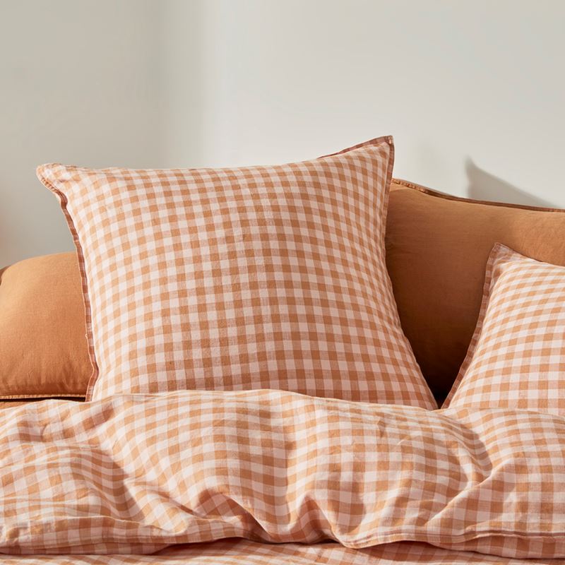 Vintage Washed Linen Caramel & Pink Check Quilt Cover + Separates