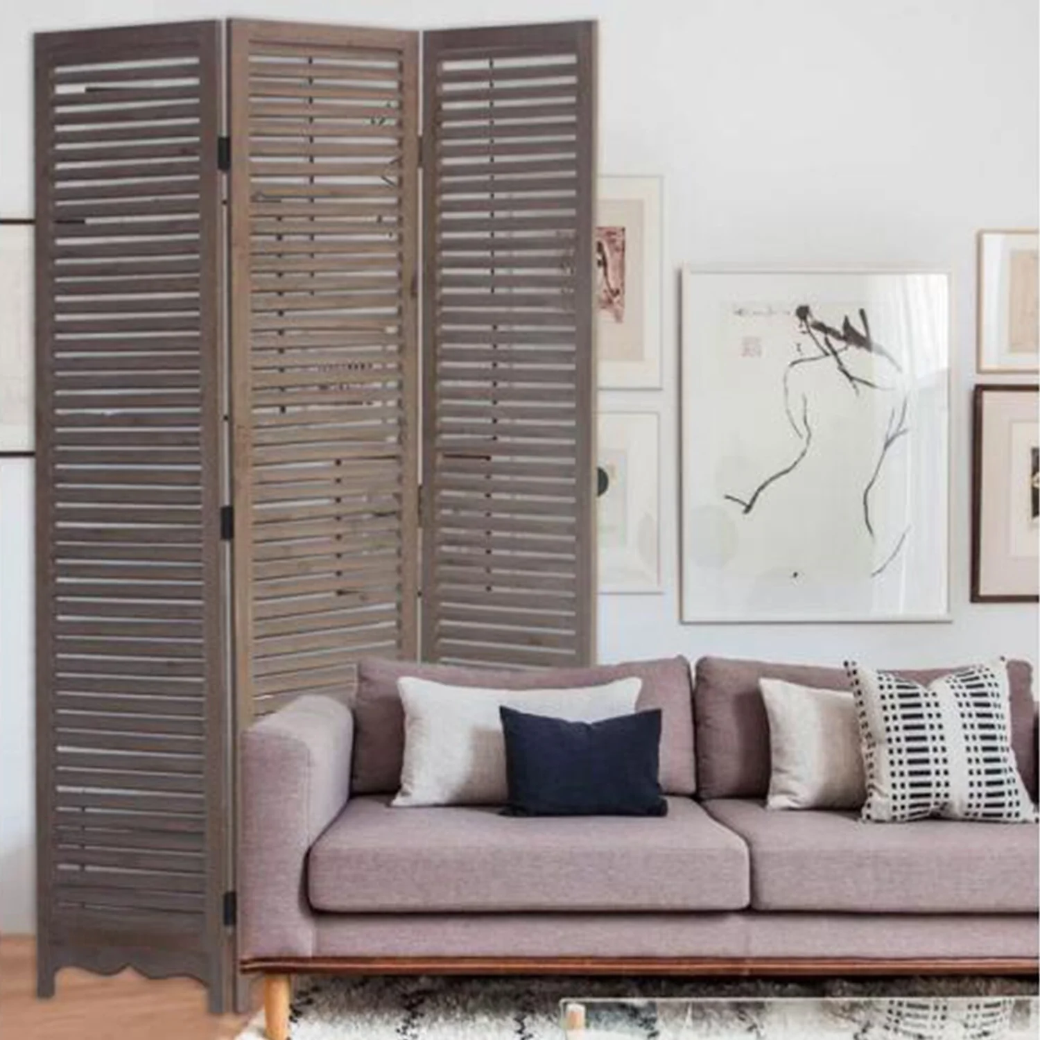 Distressed Light Wood Finish 3 Panel Room Divider Screen