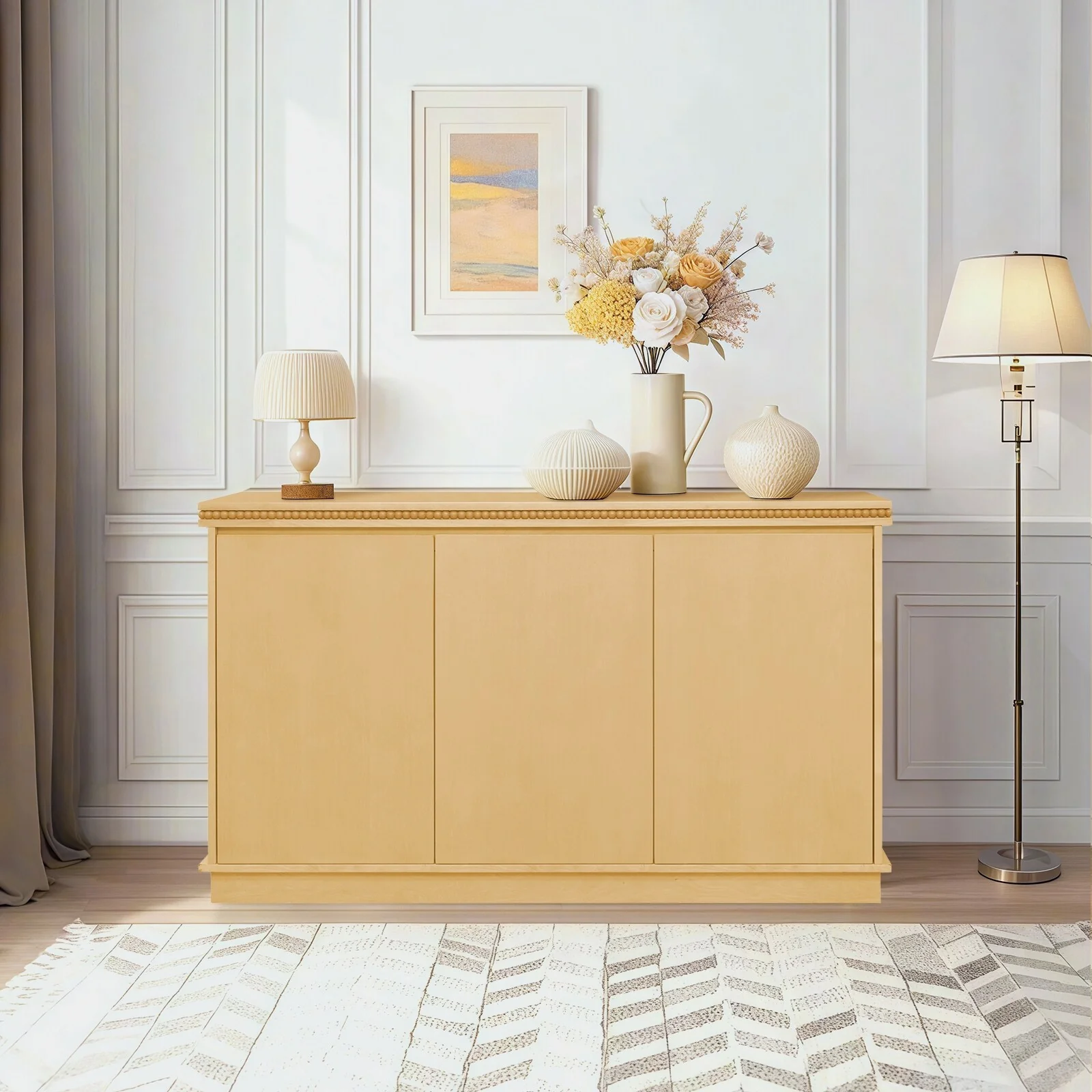 Classic Wooden Sideboard with Beaded Trim - Elegant Storage Cabinet for Dining or Living Room