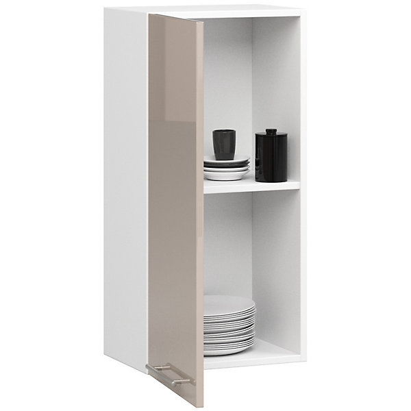 Meuble de cuisine suspendue : 1 porte, 2 étagères, blanc / cappuccino brillant, 40 x 72 x 30 cm