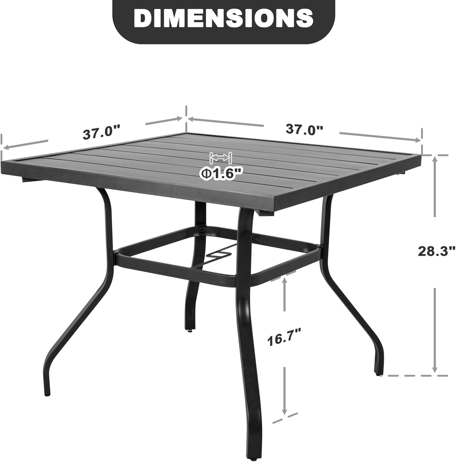 NUU GARDEN 37 Outdoor Patio Table, 4 Person Steel Slat Square Dining Table with 1.57 Umbrella Hole, Slatted Top and Powder Coated Iron Frame for Patio, Garden and Balcony, Black