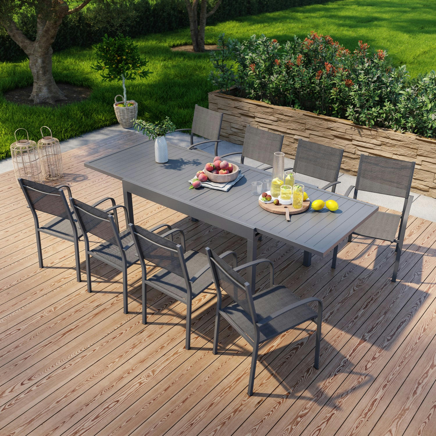 MILO 8 - Ensemble de jardin 8 places extensible en aluminium anthracite