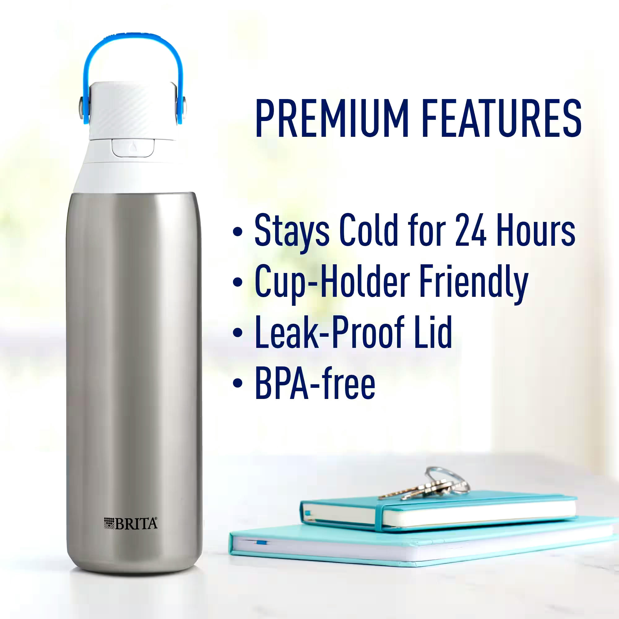 Brita® Hard Sided Filtering Reusable Water Bottle, Stainless Steel, 591-mL