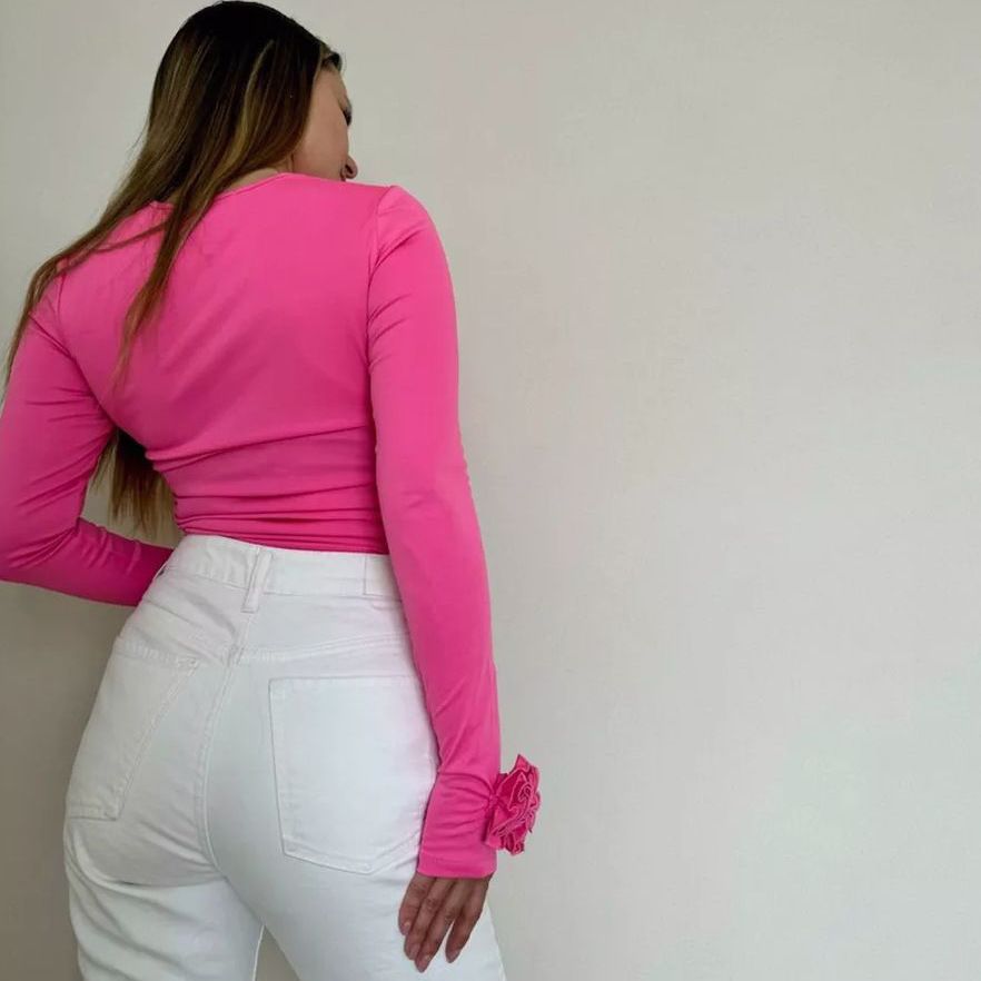 PEACH ACCESSORIES Long Sleeve Fitted Top with 3D Rosette Cuffs