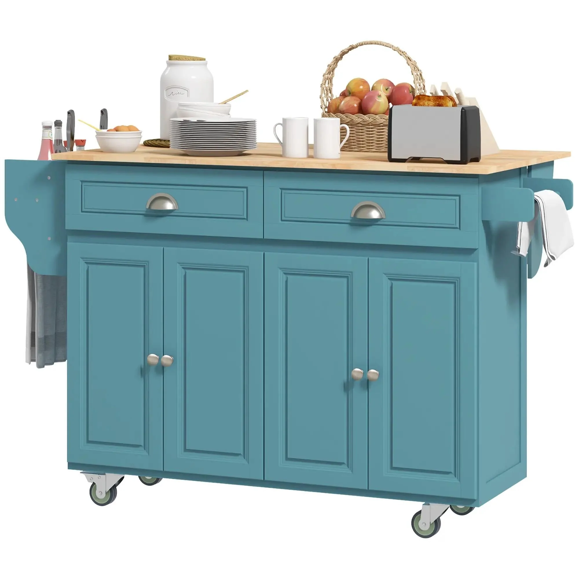 Rolling Kitchen Cart on Wheels with Wood Top, 2 Drawers and 2 Cabinets