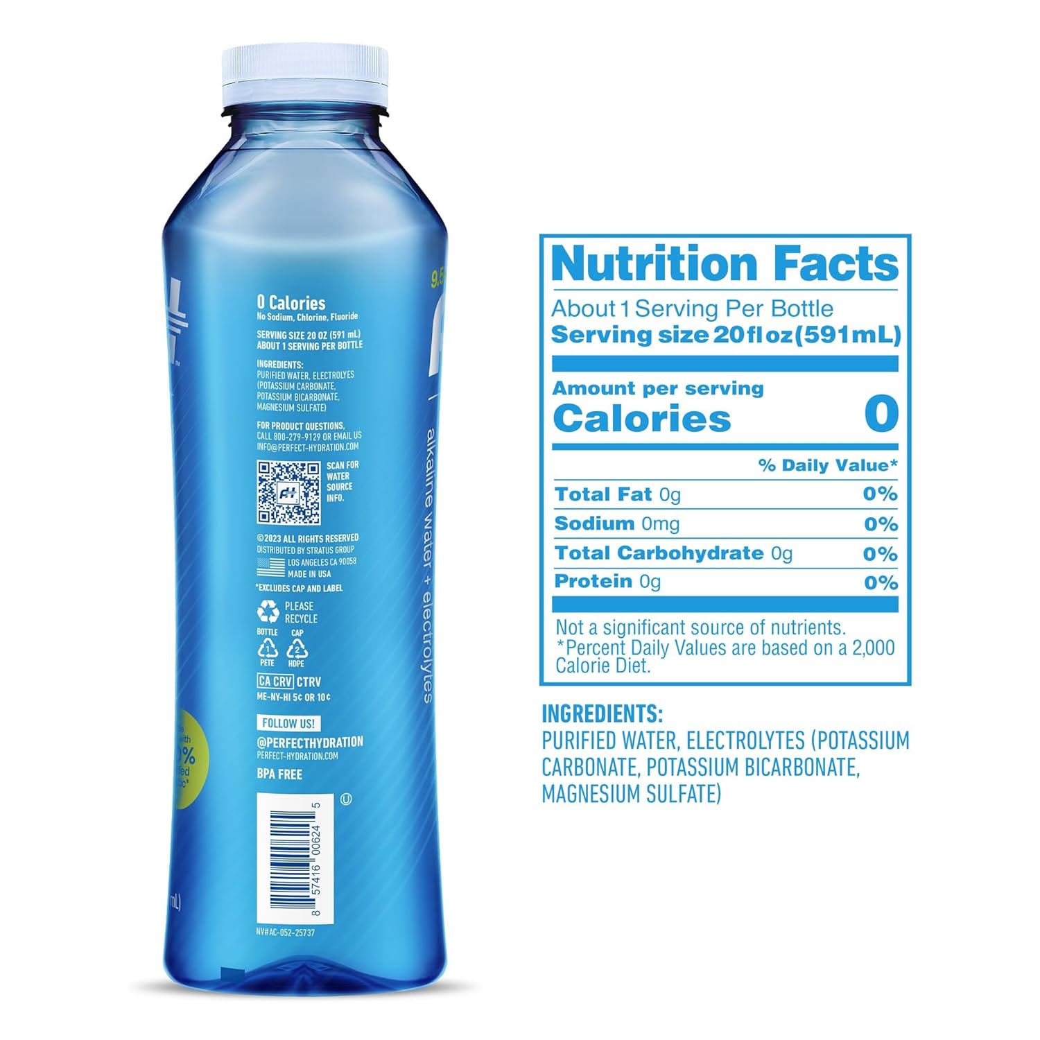 Perfect Hydration 9.5+ pH Alkaline Drinking Water, Made in the USA, 20-Ounce Bottle, Case of 24, 3 Cases