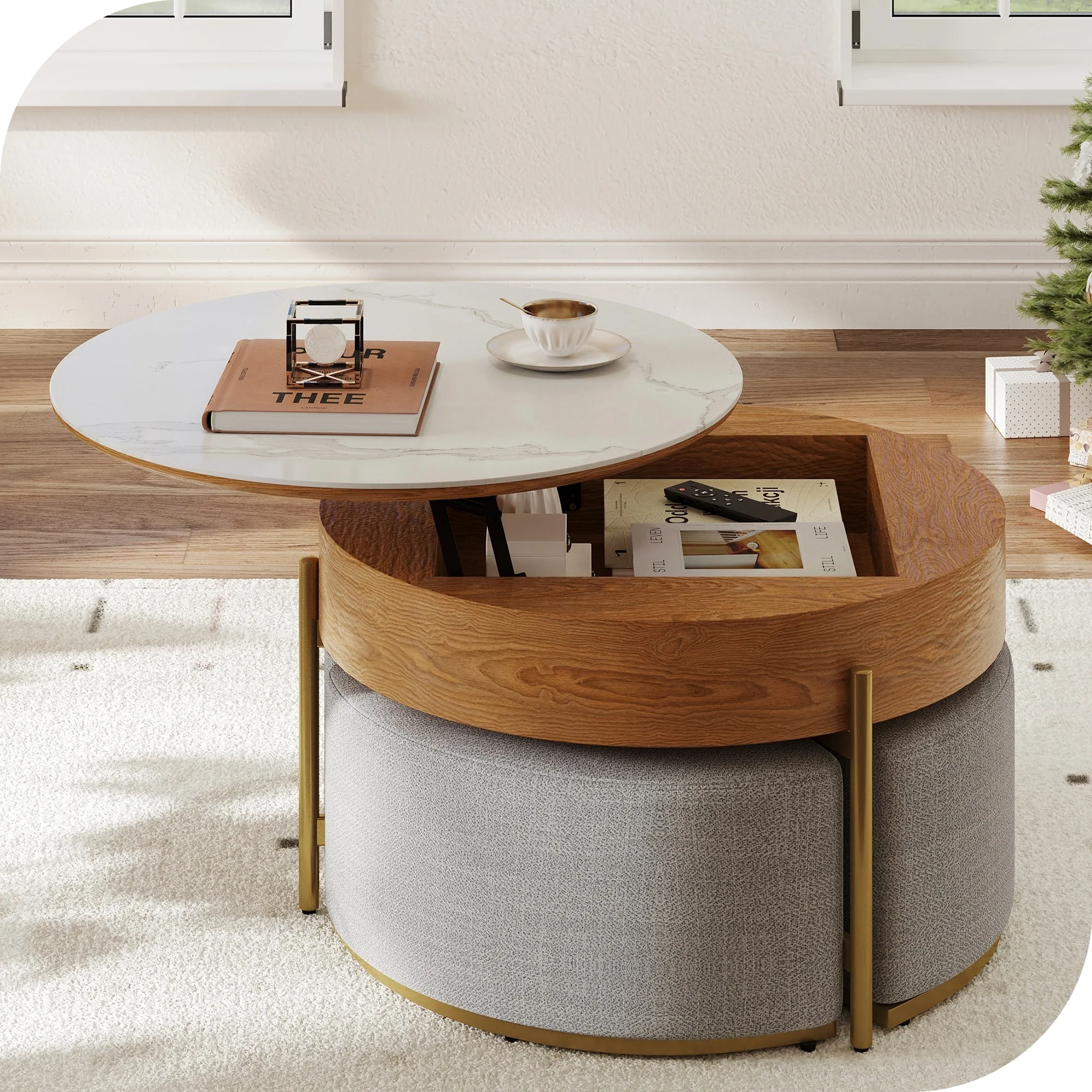 Lift Top Extendable Coffee Table with Hidden Storage and 3 Ottomans
