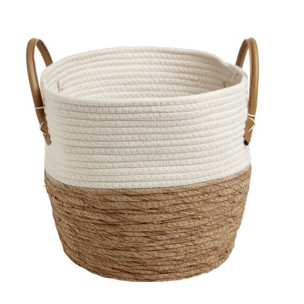 Panière tressée coton beige et jacynthe avec poignées Ø30xH28cm