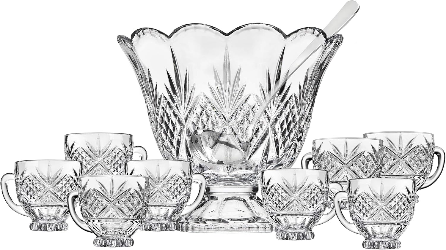 Godinger Dublin Crystal Punch Bowl Set with 8 Cups and Ladle - 10 Piece Set