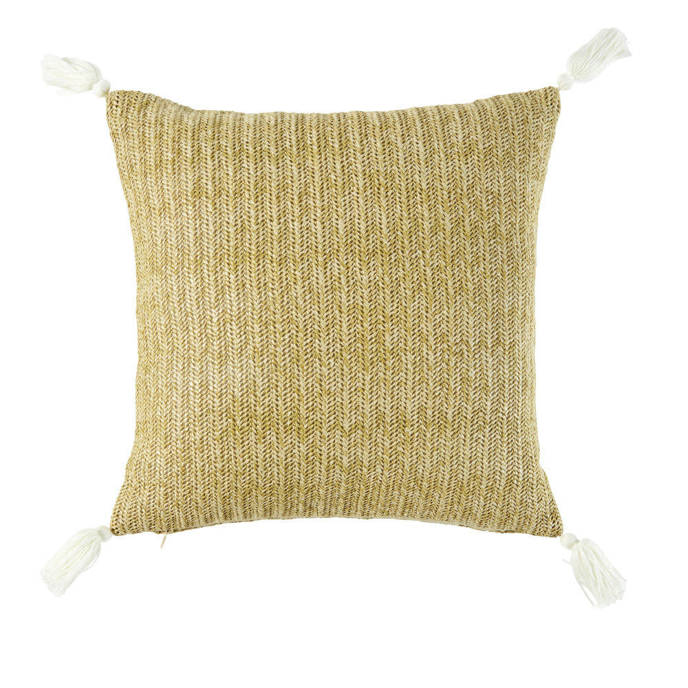 FOLIAGE - Coussin tressé et motifs brodés feuillages blancs 45x45