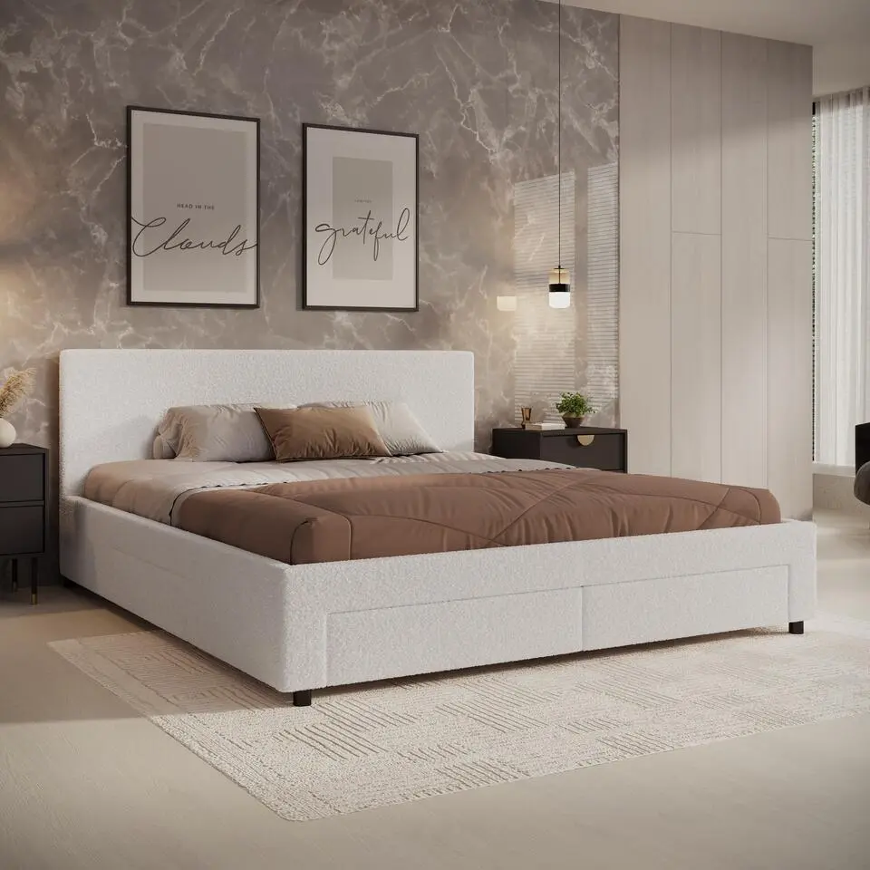 Meubella - Tweepersoonsbed Suente - Wit Teddystof - 180x200 cm