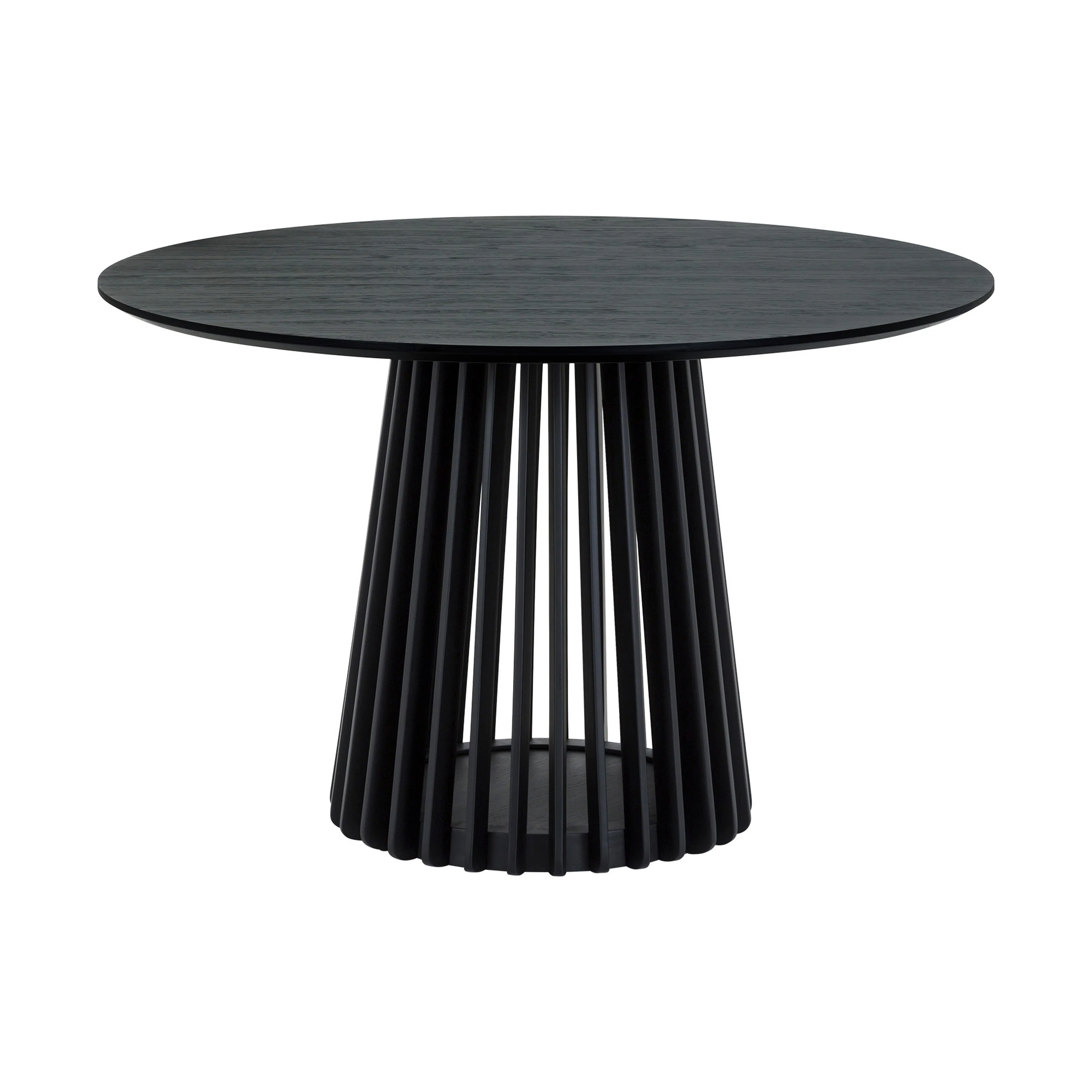 Dyan Dining Table, 47 Inch Round Top, Slatted Open Angled Base, Black Wood