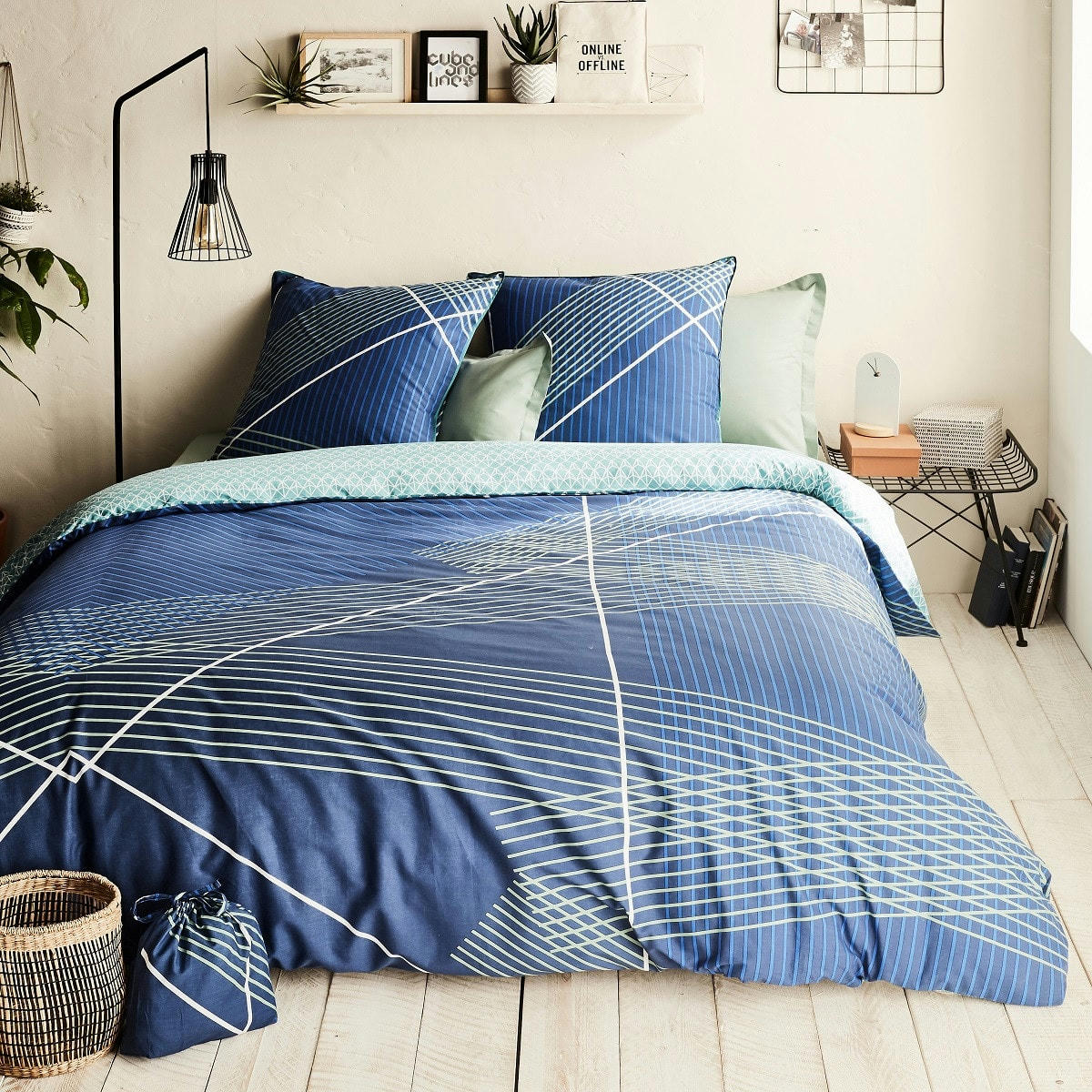 NEON - Parure de lit 2 personnes coton  imprimé bleu 260x240cm