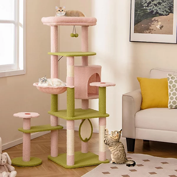 Arbre à Chat en Peluche de 148CM, avec Poteaux à Griffer en Sisal, Panier Rond, Perchoir Douillet Amovible, Condo pour Chats