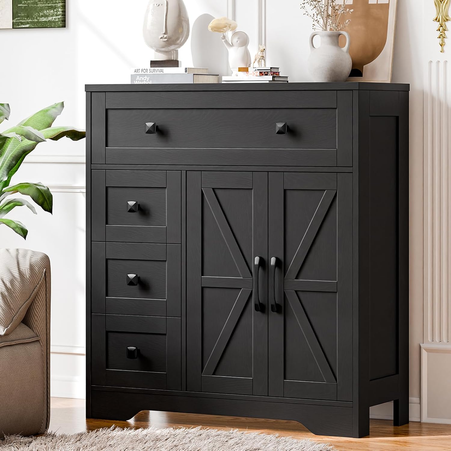 Vabches Farmhouse Storage Cabinet with 2 Doors and 4 Drawers, Freestanding Bathroom Storage Cabinet Kitchen Pantry, Floor Hutch Cupboard for Living Room/Bathroom/Kitchen,(Pure Black)