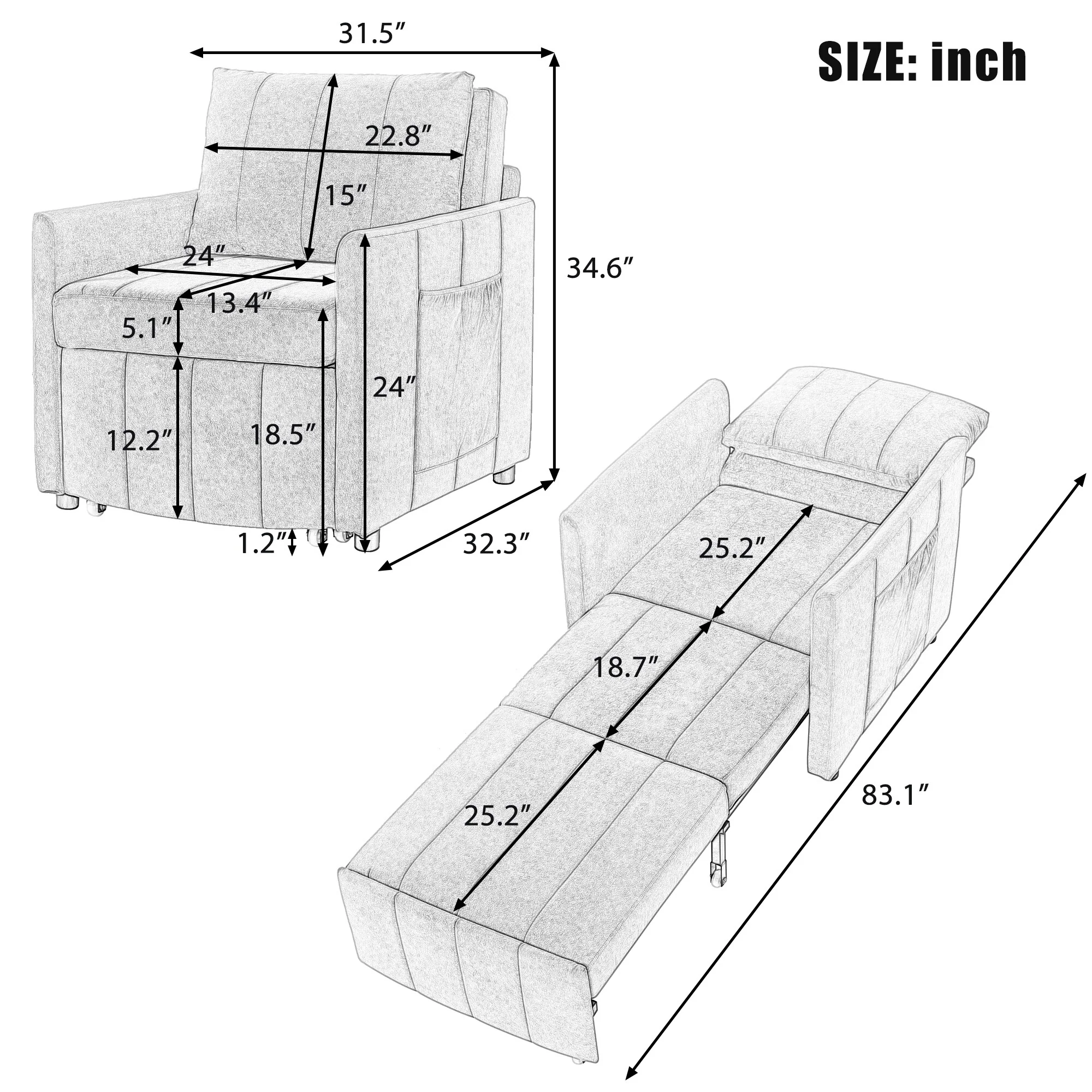 Upholstered Convertible Sleeper Sofa,with 5-Position Adjustable Backrest,Side Pockets and a Storage Basket,Fold Out Chair Bed