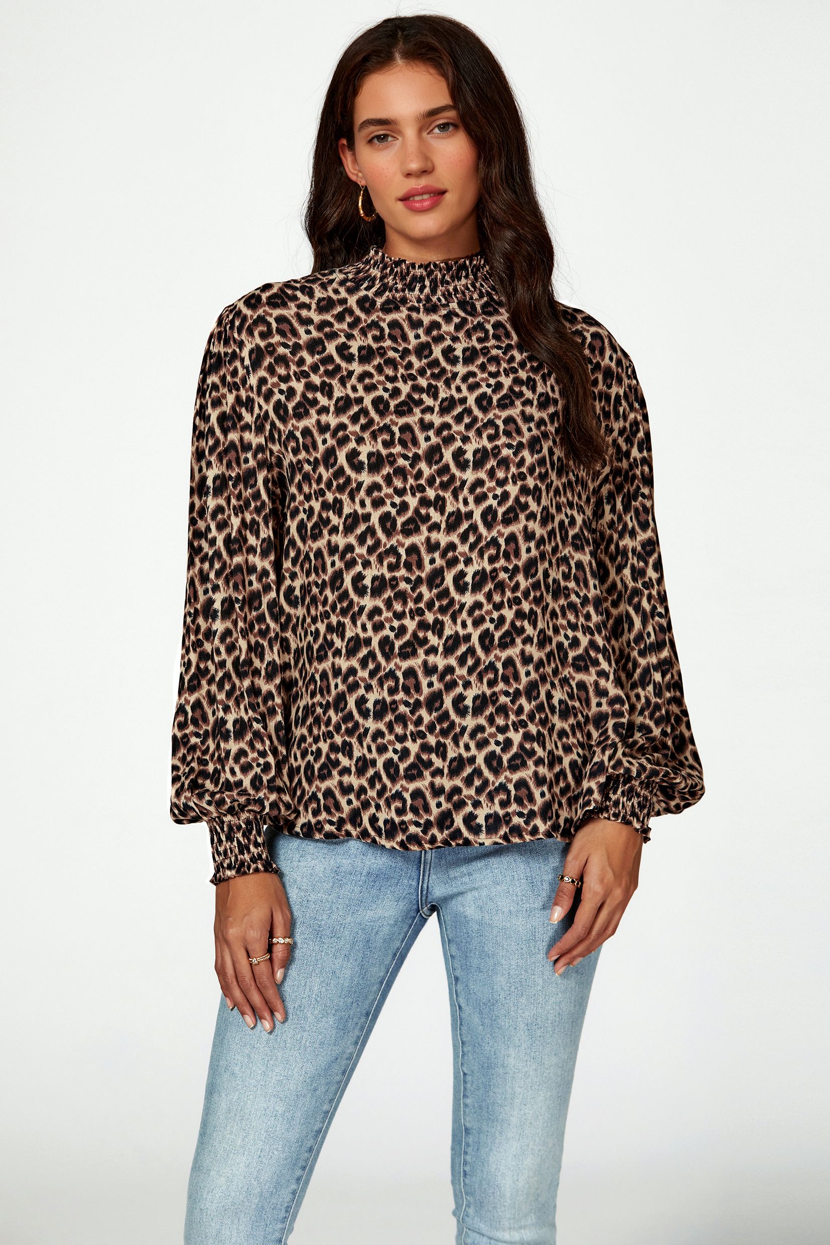 FS Collection Leopard Print Long Sleeve High Neck Blouse In Brown