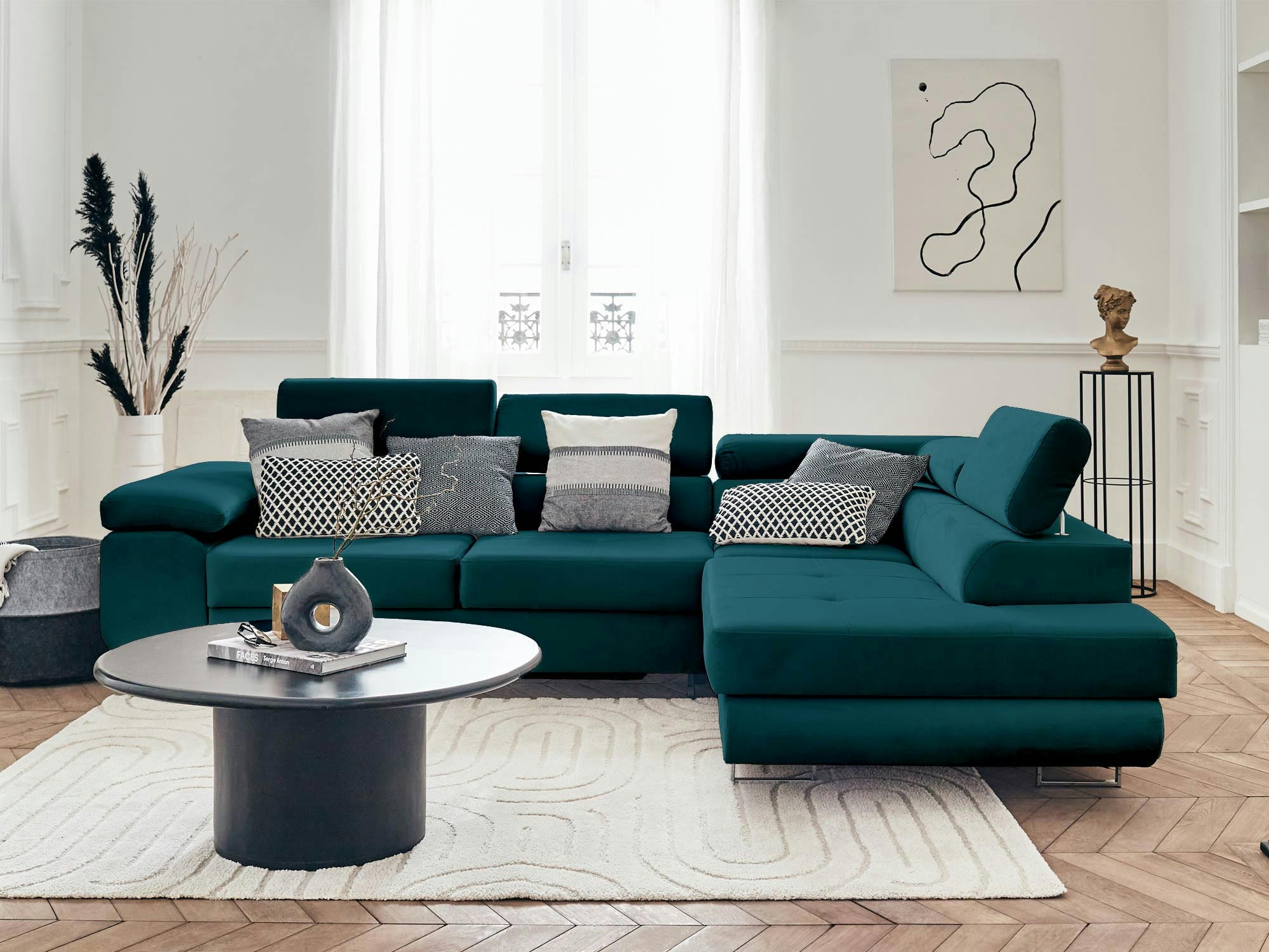 PABLO - Canapé d'angle droit convertible 5 places en velours bleu canard