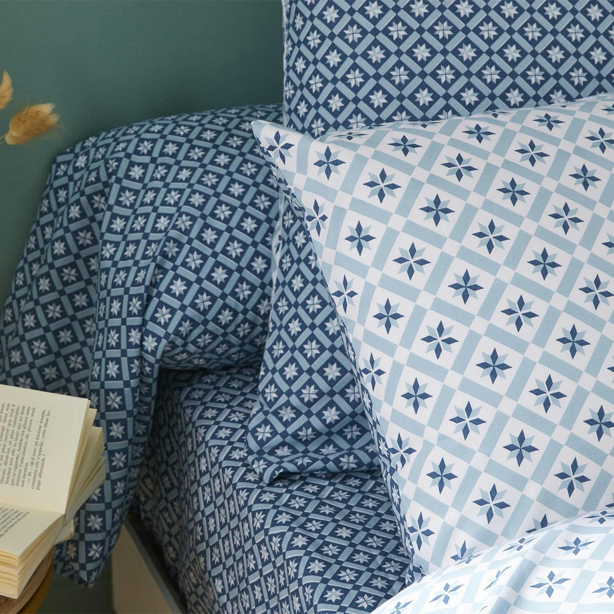 CHARLIE - Taie de traversin en bambou bleu et blanc 85x185