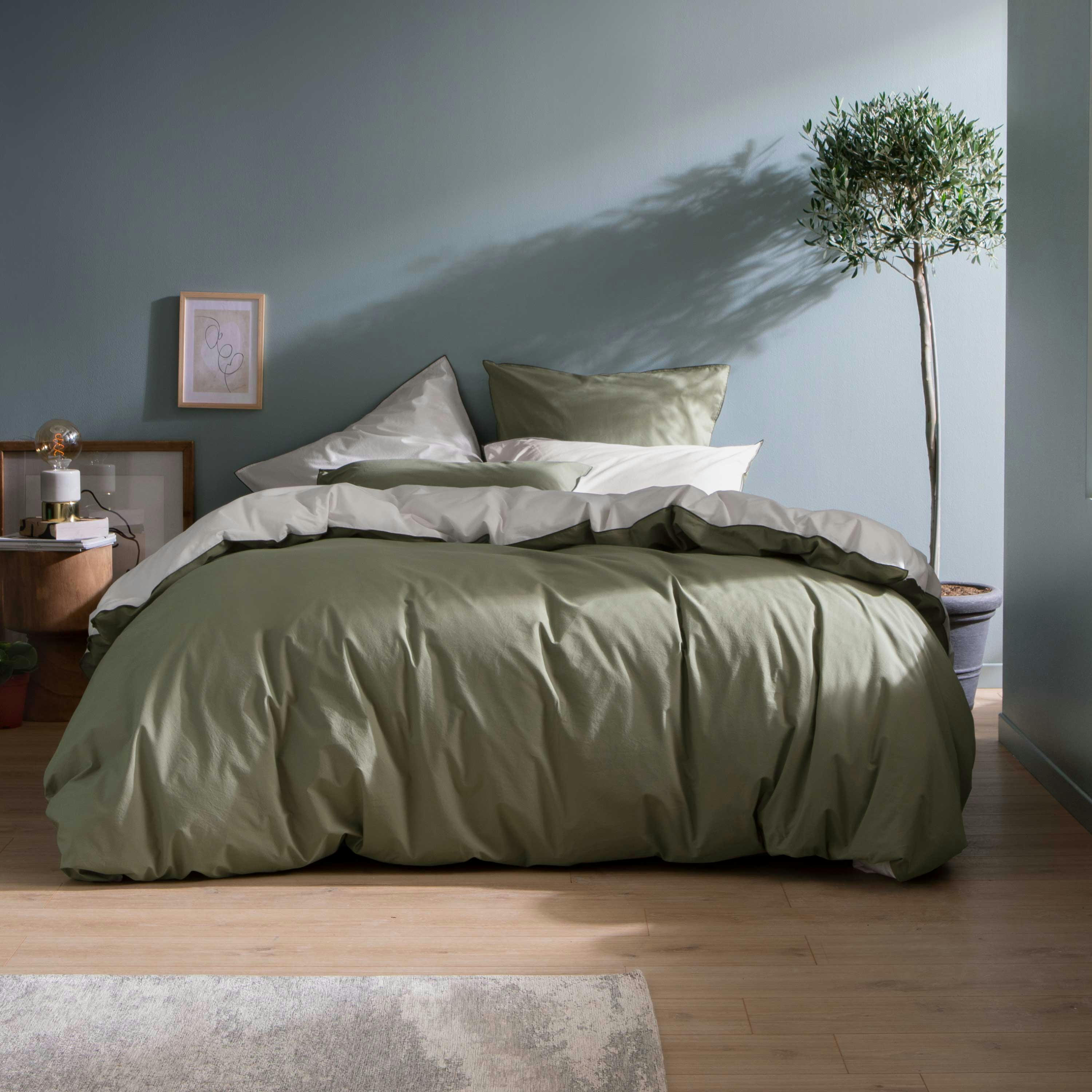 DOUCEUR LAVÉE - Housse de couette bicolore en percale de coton lavé 260x240 cm Olive
