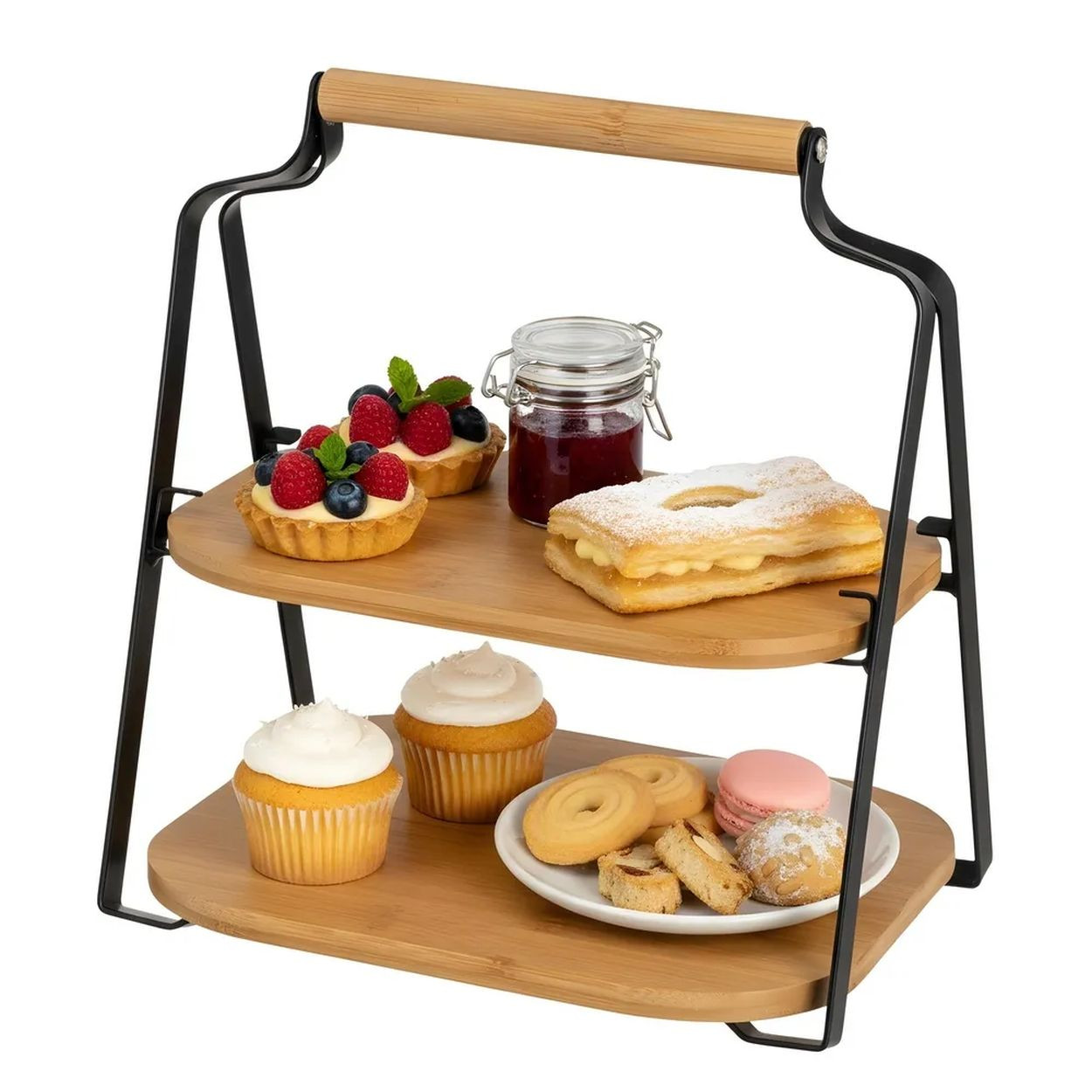Dwupoziomowa patera do serwowania z bambusa i metalu czarno-brązowa 28 cm