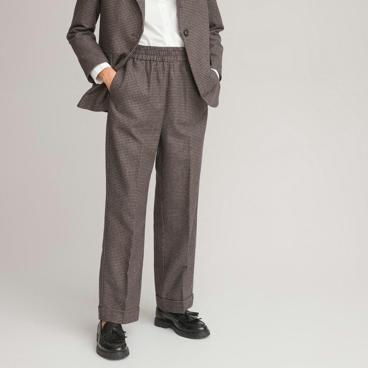 Pantalon large à carreaux, laine mélangée