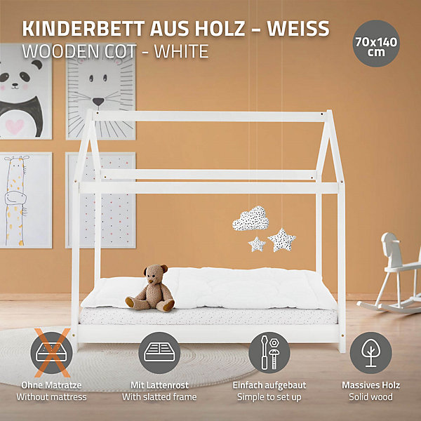 Lit d'enfant ML-Design 70x140 cm blanc en bois de pin massif structure maison avec toit et sommier