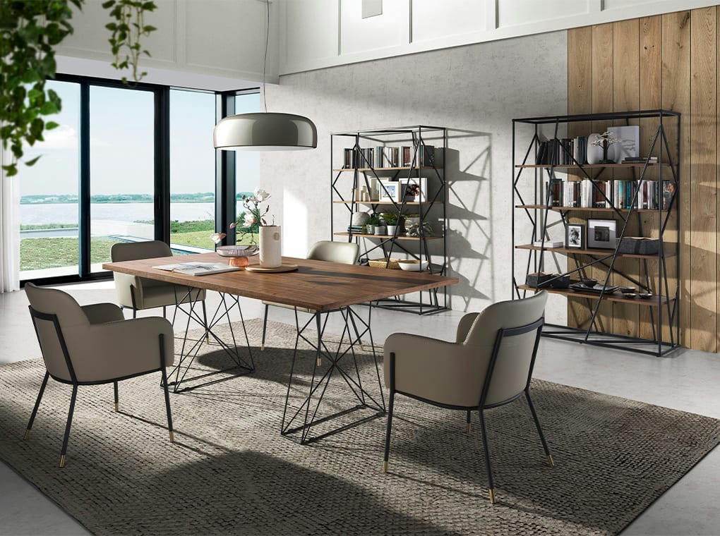 - Table à manger effet bois noyer et acier noir 200 x 95 x 76 cm.