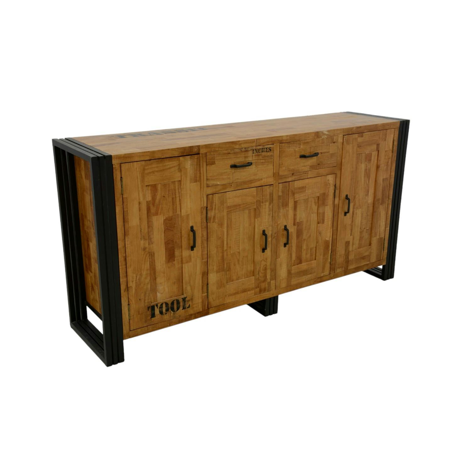 Buffet enfilade hévéa recyclé naturel et métal noirci 4 portes 2 tiroirs 180X45X90cm DOCKER